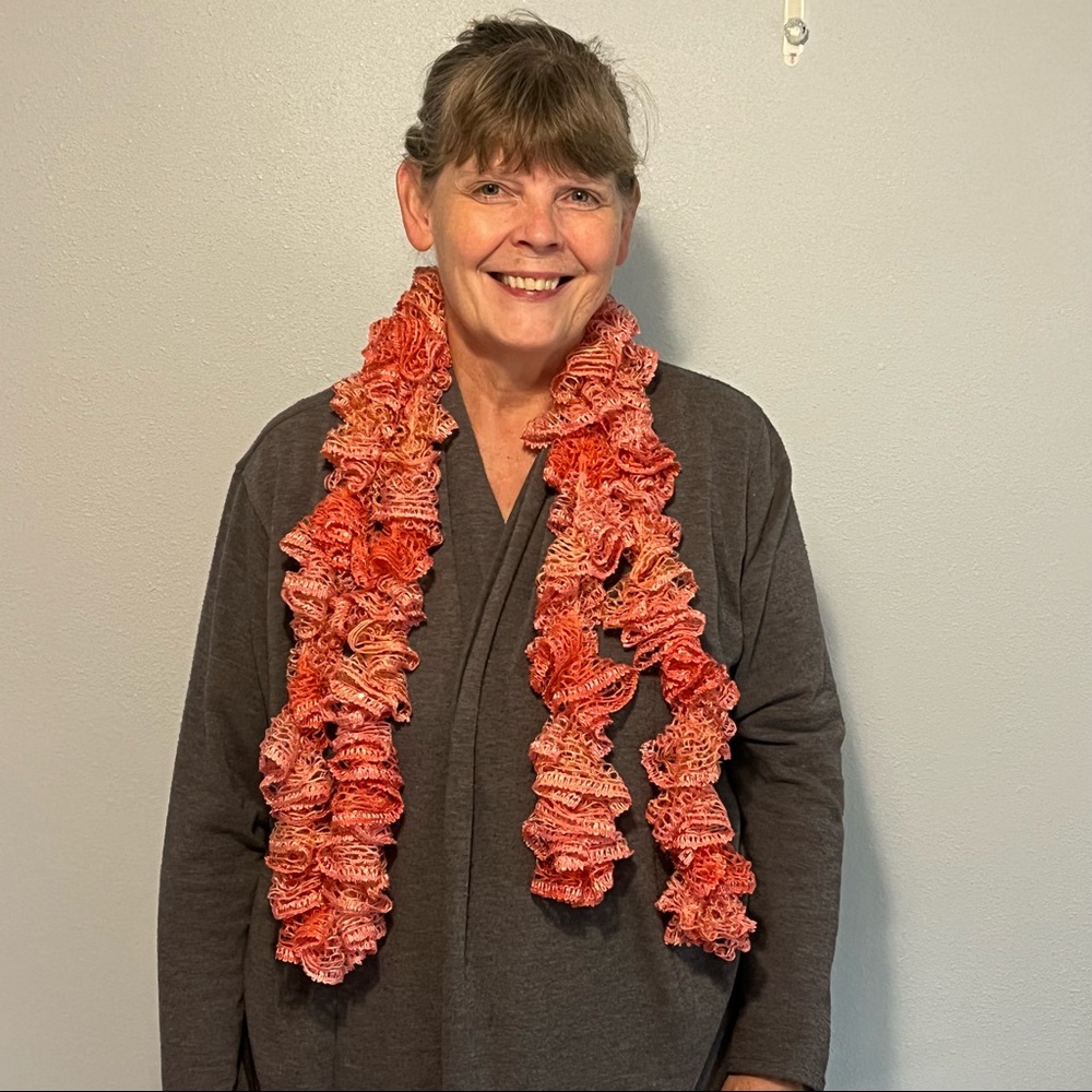 New Handmade Crochet Coral Colored Sequined Twirly Scarf 76” Long - Picture 13 of 14